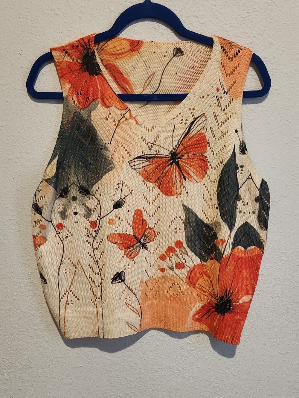 Butterfly Floral Print Knit Crop Vest Top Sleeveless Boho Cottagecore M